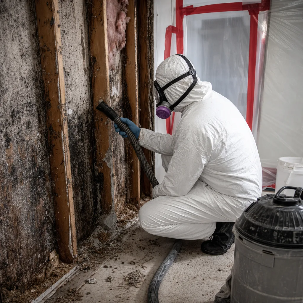 Technician in protective gear performing professional mold remediation on wall studs