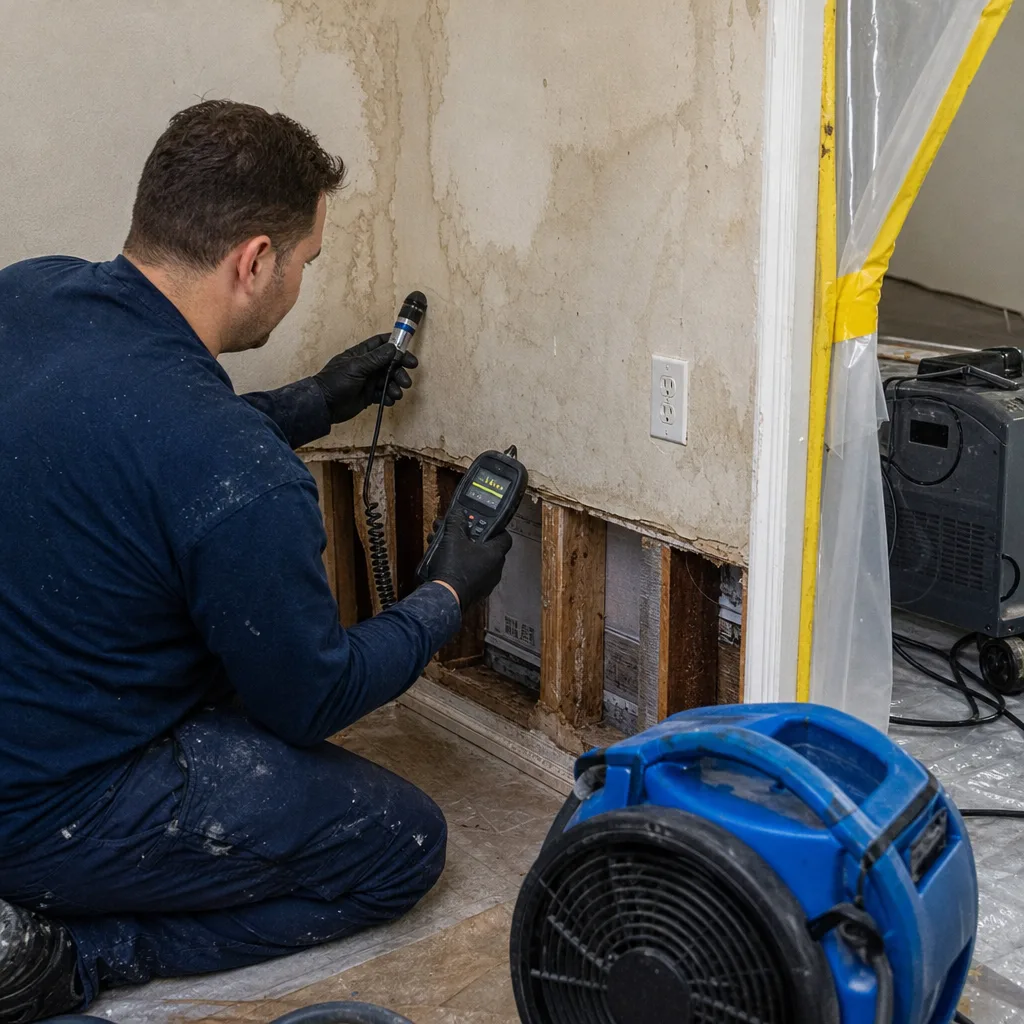 Technician using moisture meter for water damage restoration in home wall