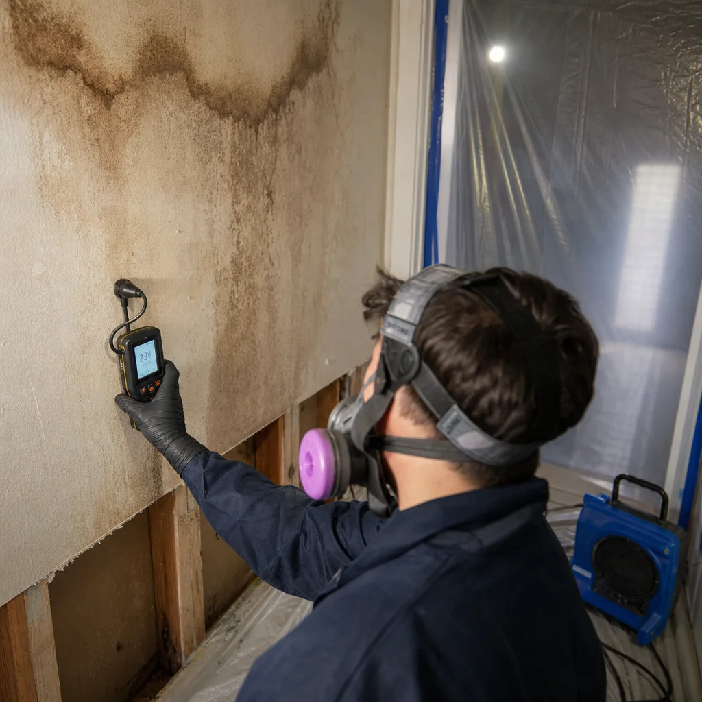 Technician using a moisture meter to assess water damage on a wall