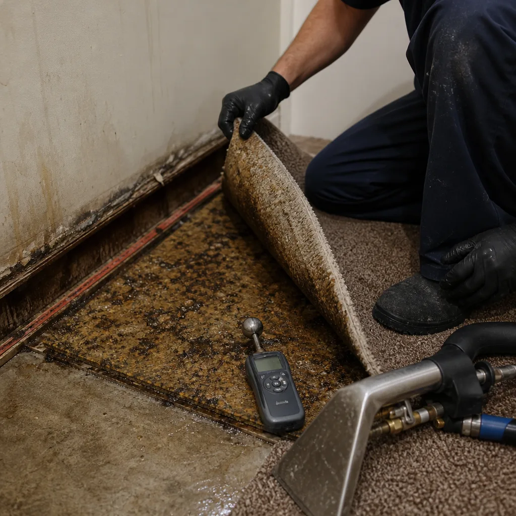 Technician checking moisture levels under water-damaged carpet with specialized equipment
