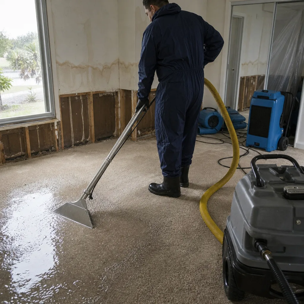 Technician performing professional water damage restoration and carpet water extraction services