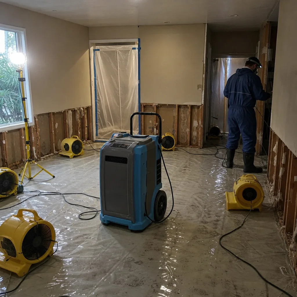 Water damage restoration technician using industrial dehumidifiers and air movers